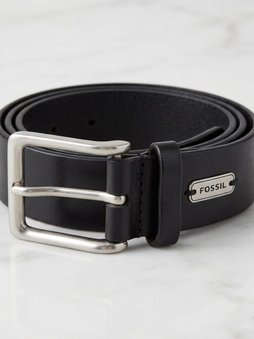 Fossil Black Leather Men's Belt with Silver-Tone Buckle